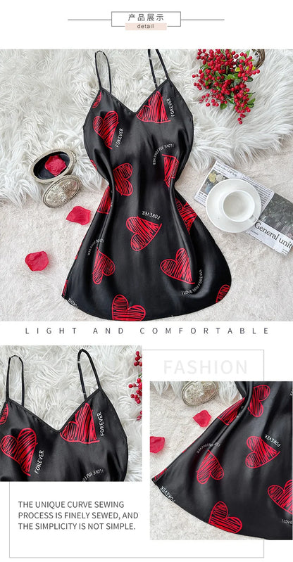 Camisón de satén con estampado de labios rojos para San Valentín, minivestido de dormir sin espalda y cuello en V para mujer