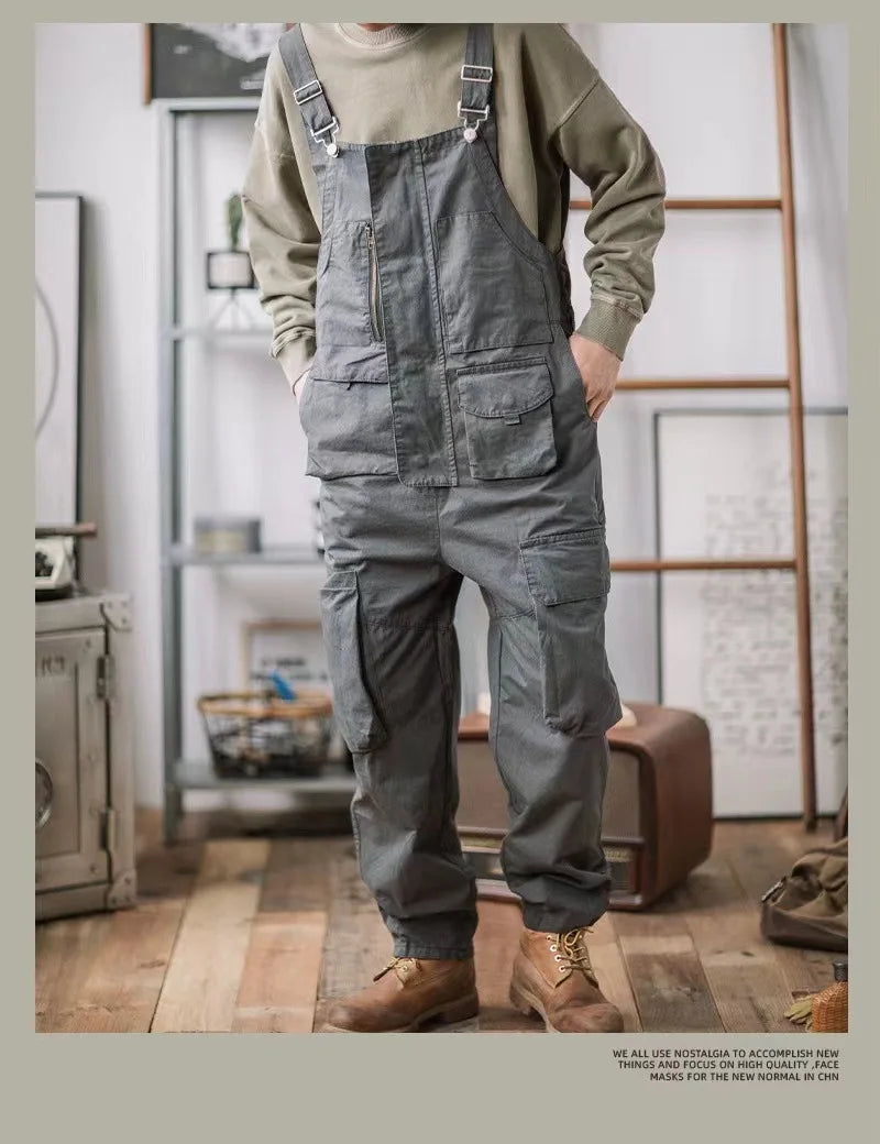 Retro American Cotton Overalls Bibs Loose Washing Jumpsuit Men's Suspenders Four Seasons Full Length Baggy Pants