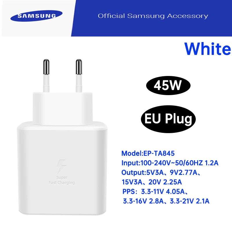 Cargador adaptador de corriente Samsung Ep-TA845 de 45 W, supercargador USB tipo C, carga rápida para Galaxy S25 Ultra, S24+, S23, A36, A56, M56, Tab S10+