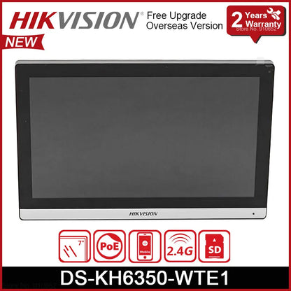 Videoportero Hikvision DS-KH6350-WTE1 multilingüe con estación interior IP, pantalla táctil de 7 pulgadas, PoE, Wi-Fi y monitor inalámbrico.