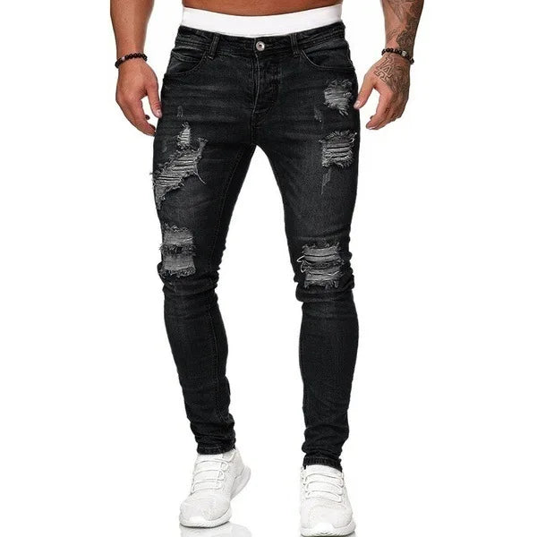 Pantalones vaqueros negros de hombre, corte ajustado, color gris, estilo casual, ajustados, estilo hip hop, urbano, de algodón.