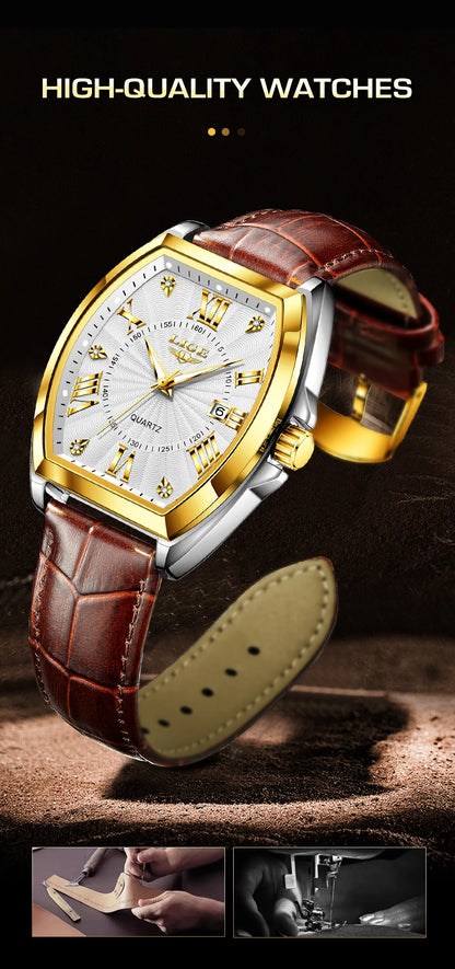 LIGE - Nuevos relojes militares para hombre, marca original de lujo, de cuero, de cuarzo, cronógrafo cuadrado resistente al agua