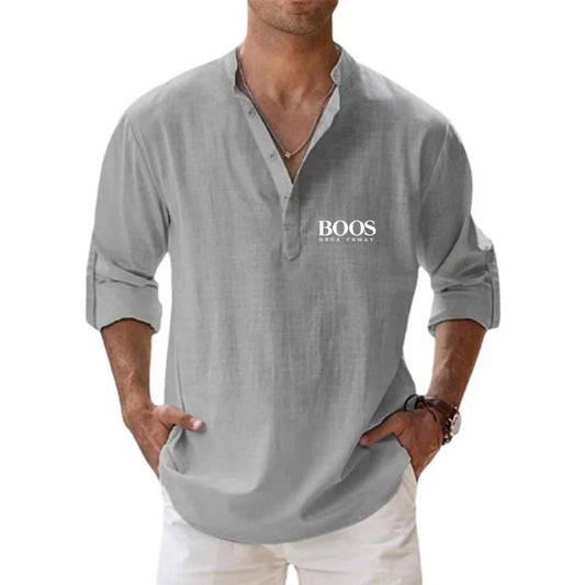 Camisa de lino 100 % algodón de manga larga con bordado de alta calidad para hombre, nueva camiseta informal holgada de negocios para otoño