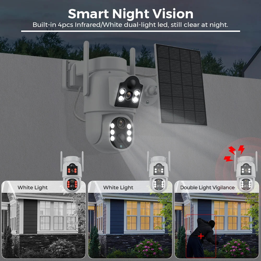 Cámara de seguridad exterior inalámbrica ICSEE de 8 MP, 4K, Wi-Fi, doble lente, 8MP, 4K, solar, con batería de 7800 mAh y 365 días de autonomía en espera.