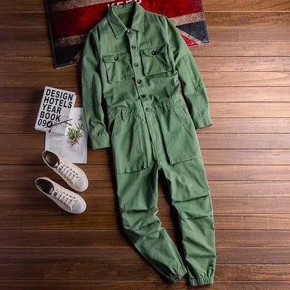 Spring Overalls Men's Jumpsuit Loose Long Sleeve Cotton Cargo Pants Black Yellow Workwear Trousers Working Uniform Rompers