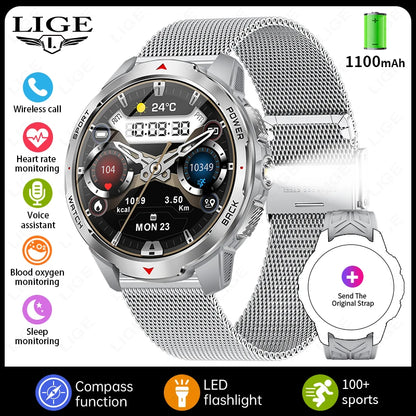 Reloj inteligente deportivo para exteriores para hombre, con batería grande de 1100 mAh, brújula, linterna LED, control del ritmo cardíaco, compatible con Android e iOS.