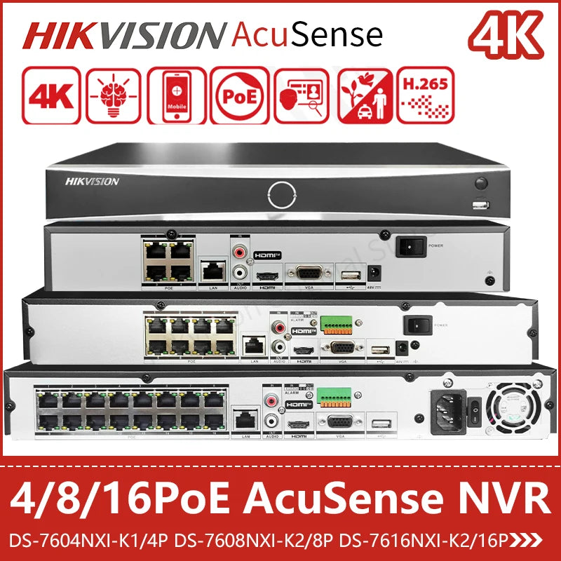 NVR Hikvision AcuSense 4K de 4, 8 y 16 canales para cámaras IP con PoE: DS-7604NXI-K1/4P, DS-7608NXI-K2/8P, DS-7616NXI-K2/16P