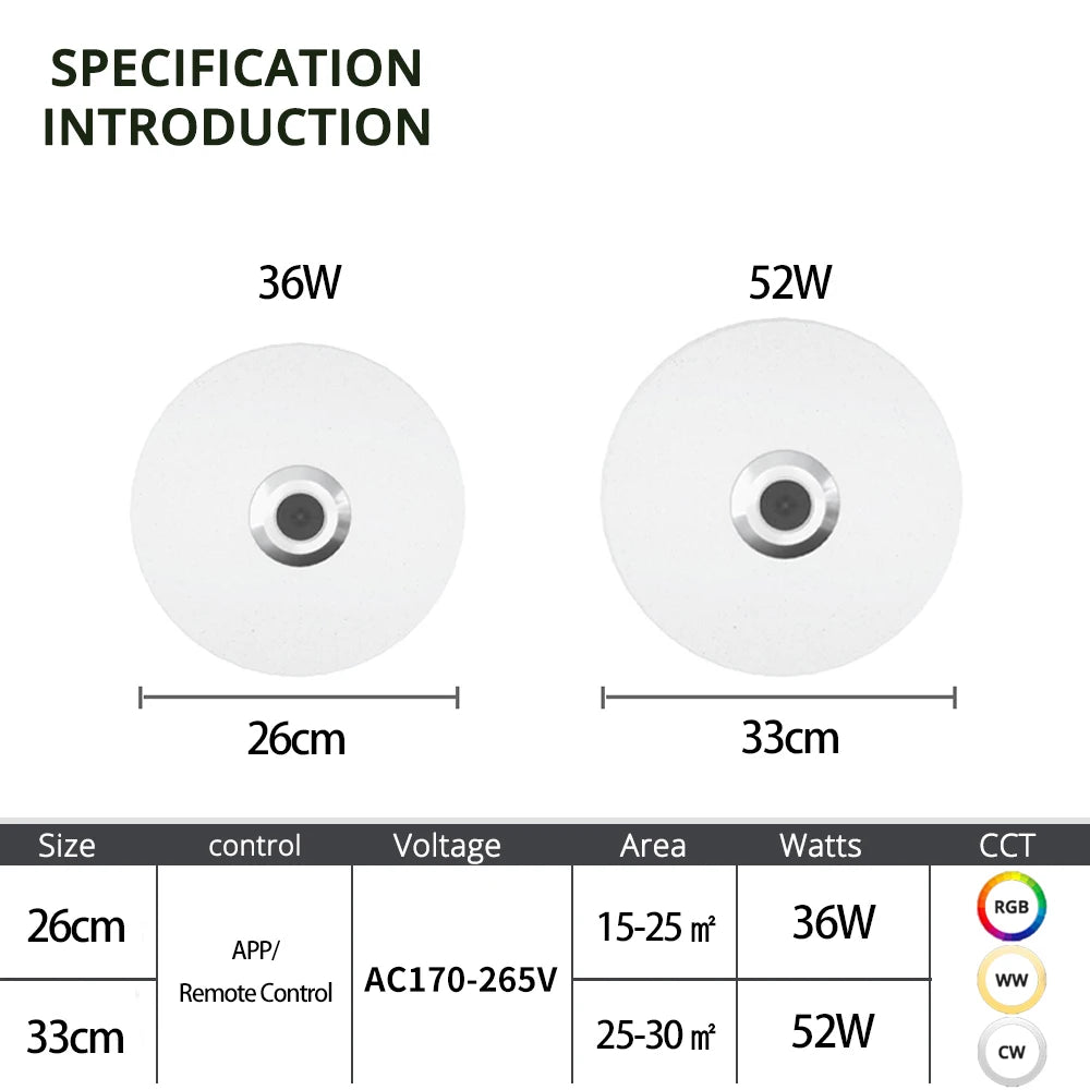 Lámparas de techo modernas RGB con atenuación, iluminación para el hogar mediante aplicación, Bluetooth y música, 52 W (36 W), luces de techo inteligentes con control remoto, 220 V CA