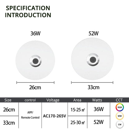 Lámparas de techo modernas RGB con atenuación, iluminación para el hogar mediante aplicación, Bluetooth y música, 52 W (36 W), luces de techo inteligentes con control remoto, 220 V CA