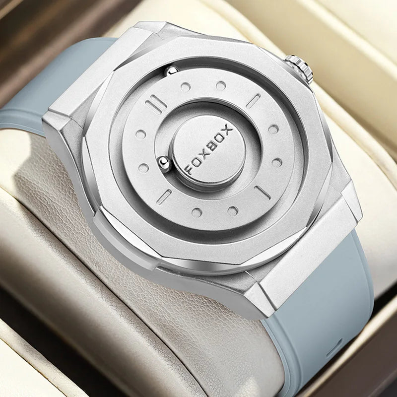 FOXBOX Reloj impermeable para hombre, marca de moda superior, de lujo, con puntero de desplazamiento y fuerza magnética, relojes de pulsera de cuarzo para hombre, Montre Homme