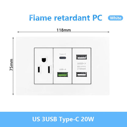 Enchufe de pared USB inteligente tipo C de 20 W con carga rápida para Italia, Chile y México; panel de interruptor de luz eléctrico de Brasil con toma USB-C universal.