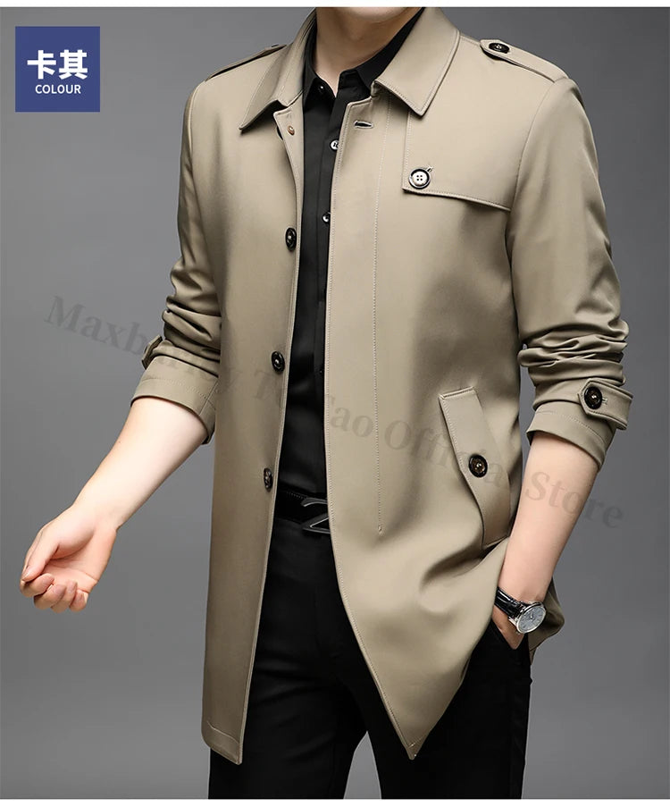Abrigo tipo gabardina Maxbarley para hombre, estilo coreano, ligero, de lujo, de un solo botón, chaqueta larga cortavientos, colección primavera-otoño 2025, marca, con solapa.