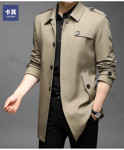 Abrigo tipo gabardina Maxbarley para hombre, estilo coreano, ligero, de lujo, de un solo botón, chaqueta larga cortavientos, colección primavera-otoño 2025, marca, con solapa.