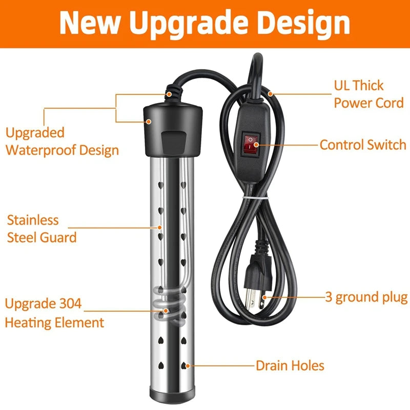 Calentador de agua de inmersión, calentador de piscina de 1500 W con control de interruptor, calentador de bañera con control inteligente de temperatura, enchufe estadounidense