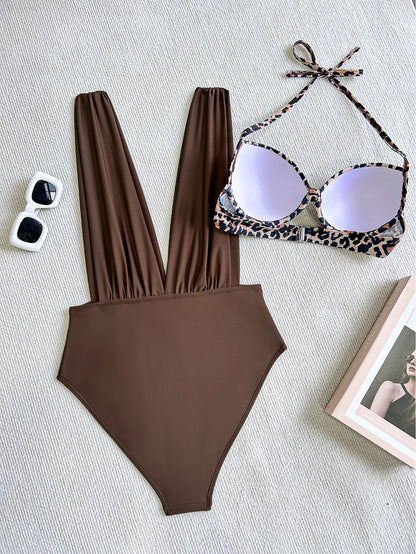 Conjunto de bikini de dos piezas con cuello halter para mujer, bañador sexy liso, push up ajustado, sin espalda, traje de baño de verano para playa, 2025
