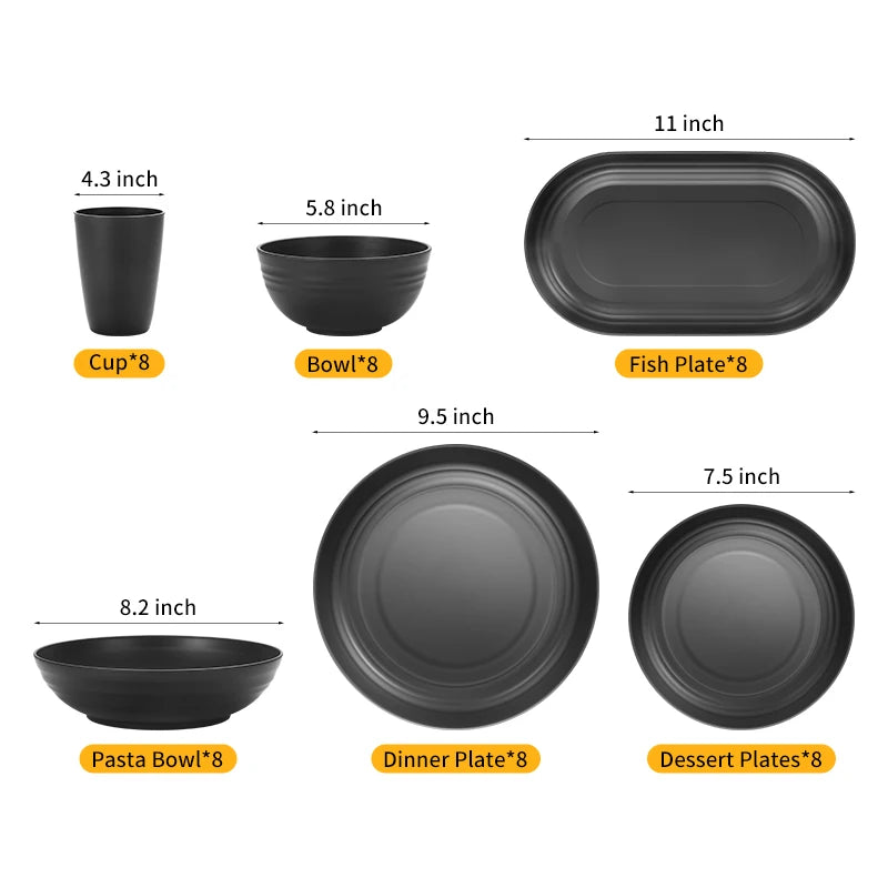 Juego de cubiertos de plástico de 24 piezas, platos, tazas, platos de cena negros, juego de regalo para acampar al aire libre
