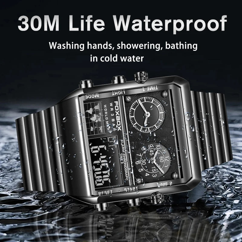 LIGE - Nuevo reloj para hombre, cuadrado, luminoso, deportivo, correa de acero inoxidable, doble pantalla, reloj de pulsera de cuarzo, reloj militar resistente al agua