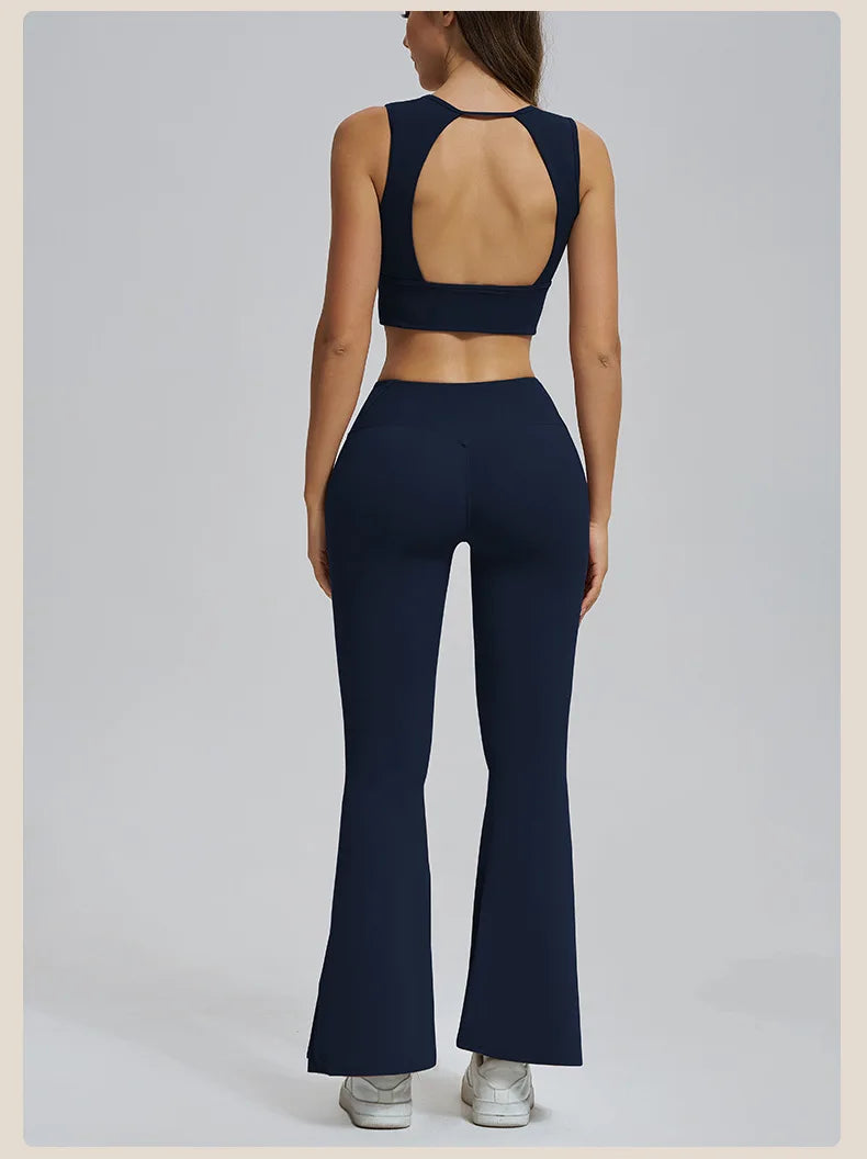 Conjuntos de yoga para mujer, sujetador deportivo con espalda hueca y amortiguación, leggings de cintura alta y acampanados, ropa de gimnasio, ropa para correr y entrenar.
