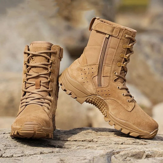 Botas impermeables de piel de vacuno para hombre, ideales para senderismo, escalada y actividades al aire libre en verano. Resistentes al desgaste, antideslizantes y con cremallera lateral. Diseño moderno con cordones.