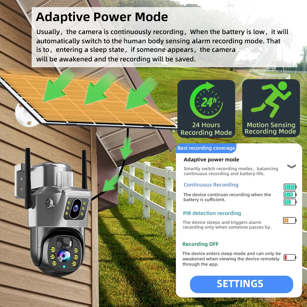 Cámara de seguridad CCTV V380 Pro 4K 8MP con 2 lentes, WiFi 4G, energía solar, visión nocturna PIR para exteriores, IP66, batería de bajo consumo.