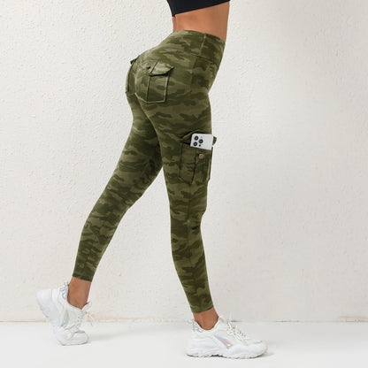 Pantalones de yoga con estampado digital, con bolsillo, sin costuras, tipo leggings de camuflaje para fitness, elásticos y ajustados para deporte.