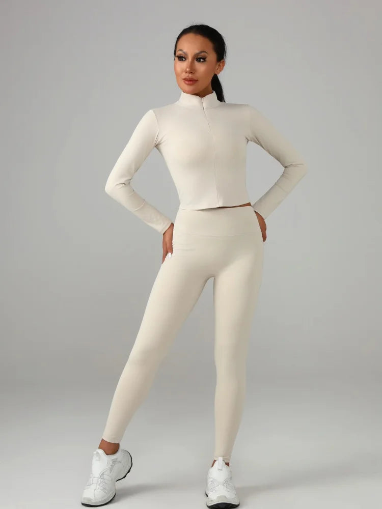 Conjunto deportivo de color liso para mujer: camiseta de manga larga y pantalón de yoga, chándal transpirable de secado rápido.