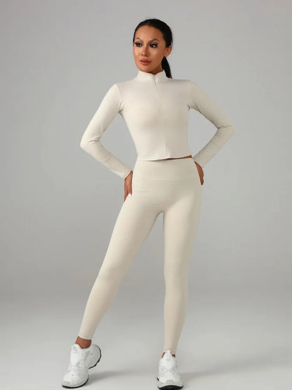 Conjunto deportivo de color liso para mujer: camiseta de manga larga y pantalón de yoga, chándal transpirable de secado rápido.
