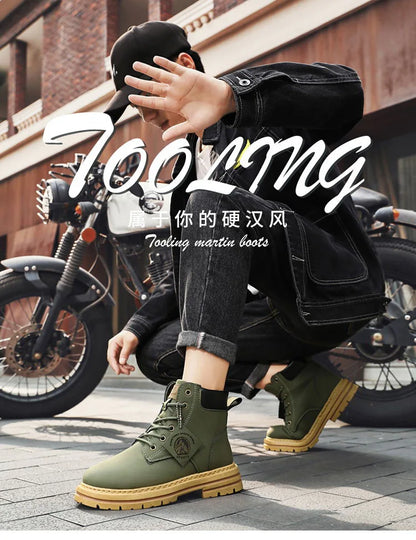 Botas altas de piel para hombre, zapatos de moda para motociclista, botines de invierno con cordones, botas vaqueras.