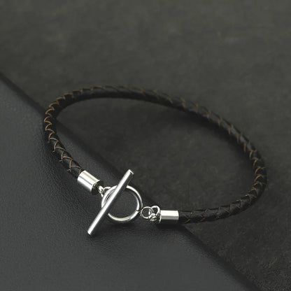 Pulsera de cuero genuino de hip hop para hombre, brazalete con hebilla OT de acero inoxidable resistente a la decoloración, accesorios para hombre, regalos para él, pulsera para hombre
