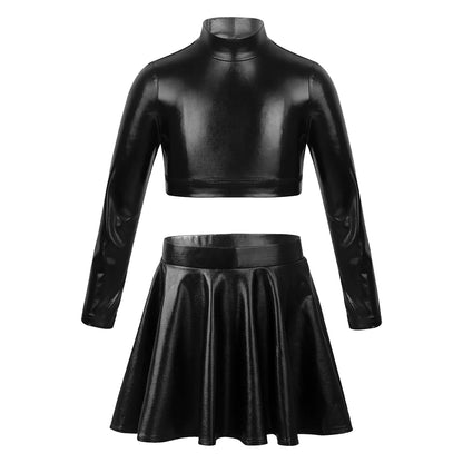 Ropa para niños, blusas sin mangas metálicas para niñas, minifalda plisada acampanada, conjunto de 2 piezas para niños, ropa de baile
