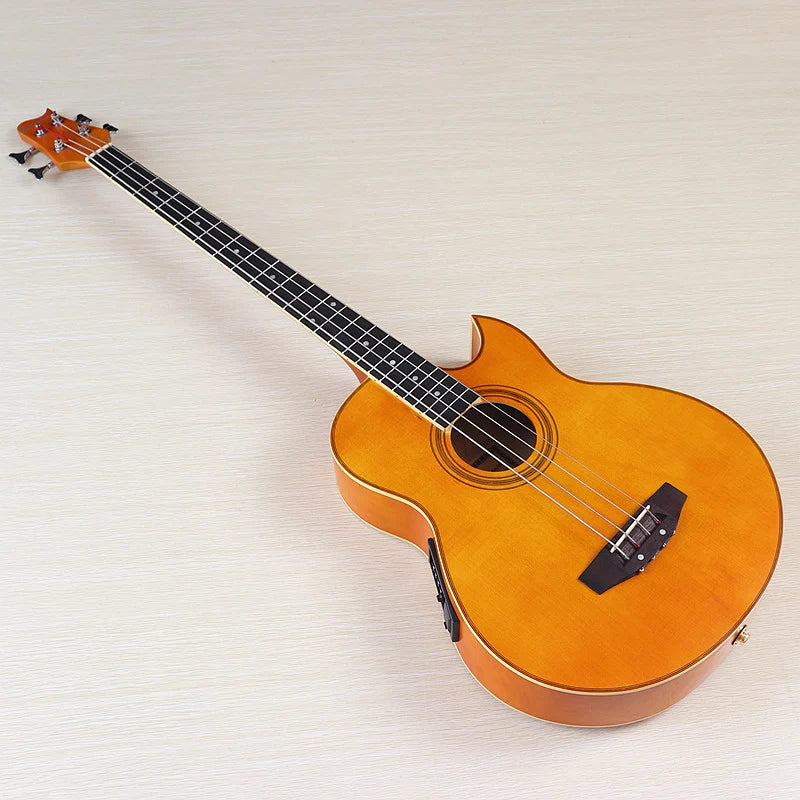 Bajo electroacústico de 43 pulgadas y 4 cuerdas, diseño de guitarra folk con cutaway, con funda y ecualizador.