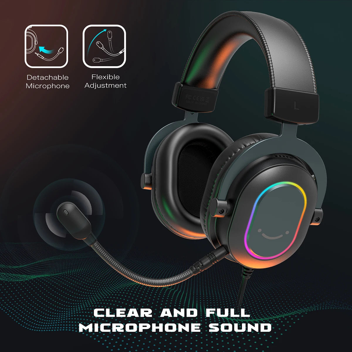 Auriculares para juegos Fifine Dynamic RGB con micrófono, supraaurales, sonido envolvente 7.1 para PC, PS4 y PS5, 3 opciones de ecualización, para juegos, películas y música.