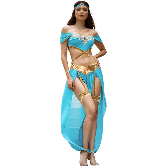 Halloween Fashion Sexy Sky Blue Aladdin Magic Lamp Jasmine Princess Dress Holiday Party Nightclub Stage Performance Costume New