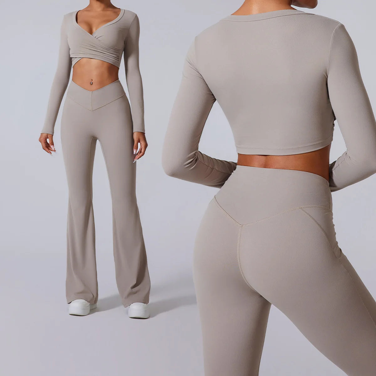 Conjunto de yoga para mujer: pantalones acampanados, ropa deportiva para gimnasio, top push-up de manga larga, estilo deportivo y sexy.
