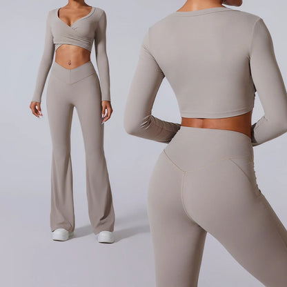 Conjunto de yoga para mujer: pantalones acampanados, ropa deportiva para gimnasio, top push-up de manga larga, estilo deportivo y sexy.