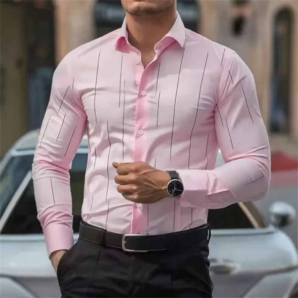 Camisa de manga larga de negocios para hombre, de alta calidad, cómoda, con botones, estilo elegante y a rayas.