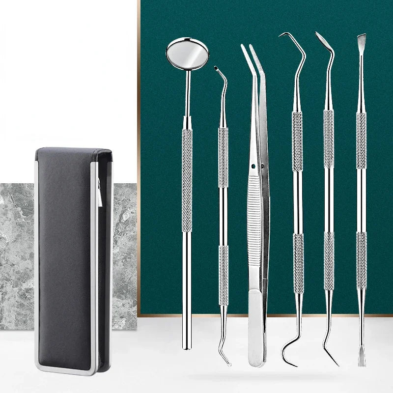 Juego de herramientas de acero inoxidable para dentistas, 4, 5 y 6 piezas, pinzas, azada, hoz, raspador, espejo, limpieza de sarro.
