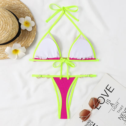 Traje de baño para mujer 2025, traje de baño de dos piezas con cuello halter, conjunto de bikini para mujer, ropa de playa de verano, traje de baño con cordón ajustable, tanga, copa triangular