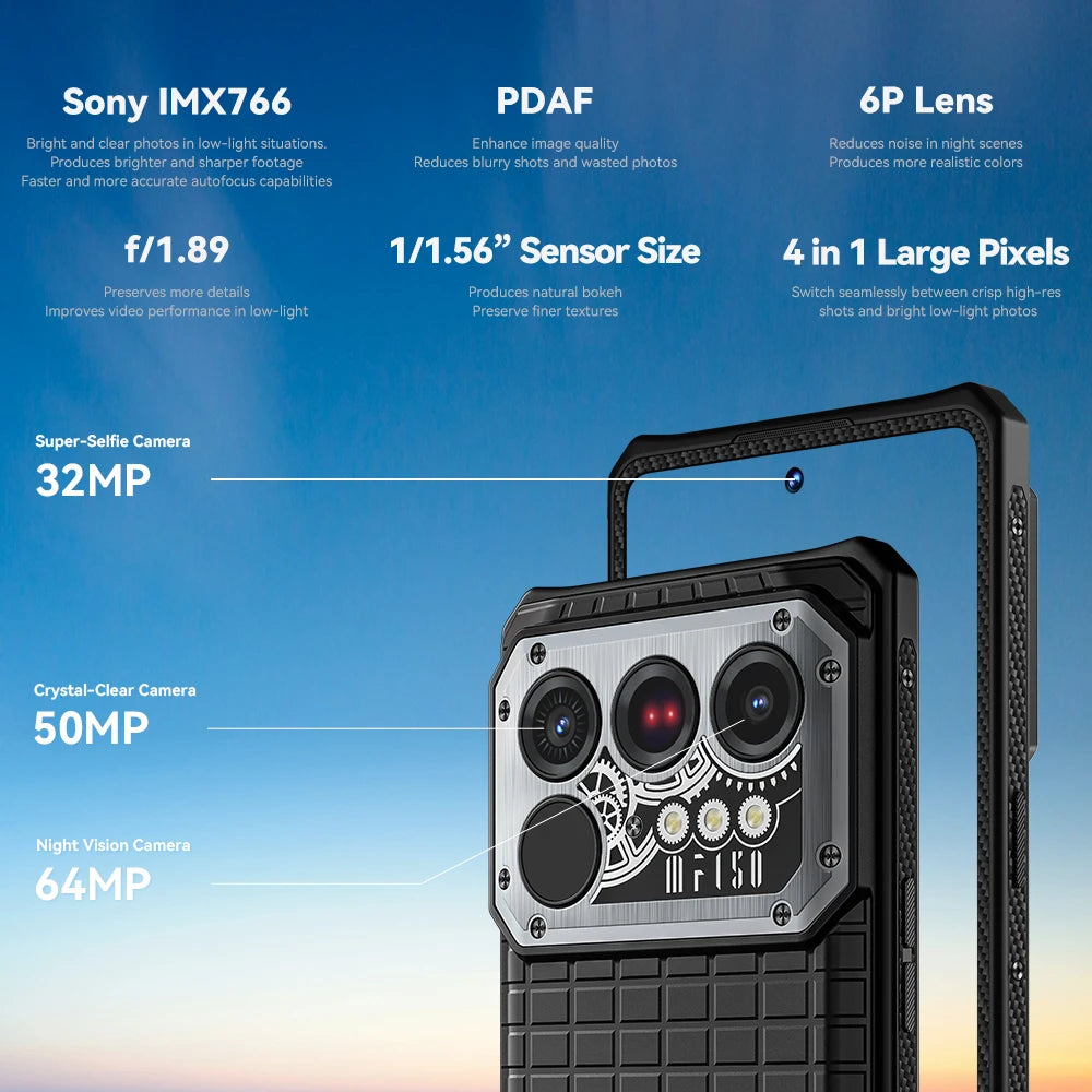 Smartphone resistente IIIF150 Raptor 5G con Android 14, pantalla AMOLED de 6,78" y 120 Hz, 16 GB de RAM + 512 GB de almacenamiento, cámara de 50 MP, batería de 10000 mAh y 65 W.