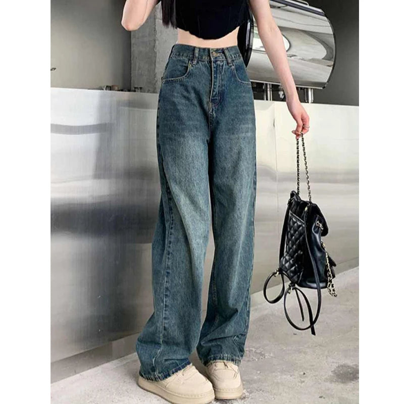 Pantalones vaqueros de pierna ancha para mujer, de cintura alta, con contraste, rectos, holgados, para otoño