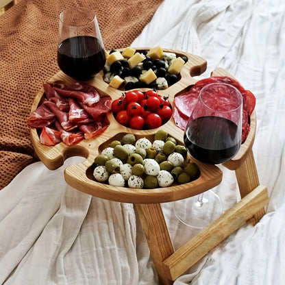 Mesa de picnic plegable de madera para exteriores 2 en 1 con portavasos de vidrio, plato de fruta redondo portátil, escritorio plegable para playa y jardín.