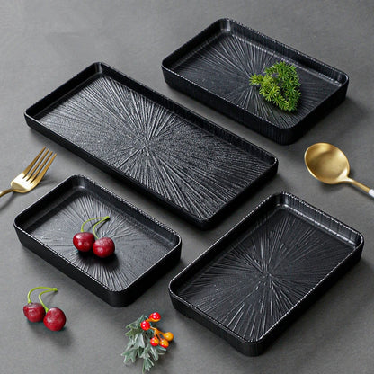 Plato de melamina negro para cena, sartenes de sushi gruesas, platos de barbacoa de porcelana de imitación, bandeja para servir comida en casa, vajilla para el hogar.