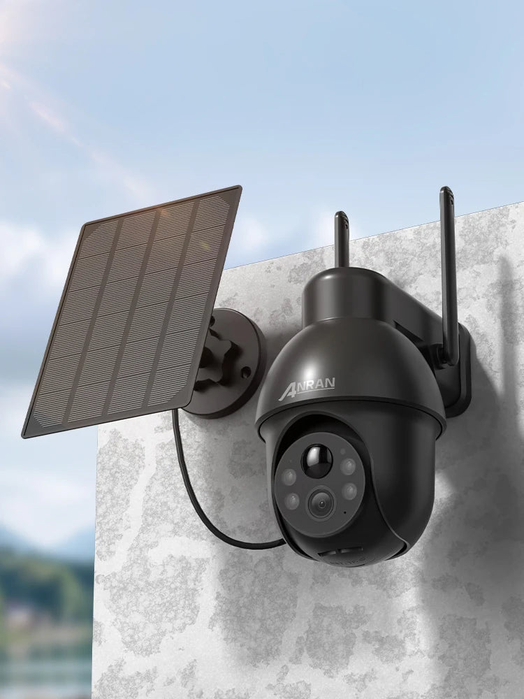 Cámara de seguridad inalámbrica solar ANRAN de 3 MP para exteriores con WiFi, audio bidireccional, resistente al agua IP66, visualización remota, flash y foco.