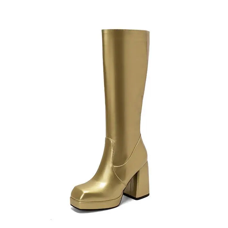 Botas altas impermeables para mujer, con plataforma de 10 cm y punta cuadrada, botines de invierno 2025 hasta la rodilla con tacón grueso, talla grande 43