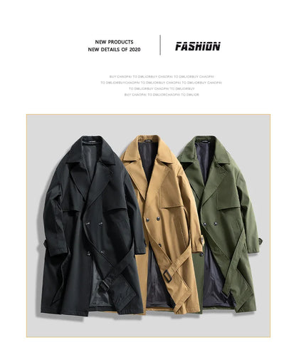 Gabardina larga de hombre, verde militar, corte ajustado, cruzada, con solapa de muesca, cortavientos, ideal para primavera y otoño, estilo casual para actividades al aire libre.