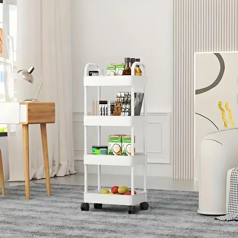 Carrito de almacenamiento multifuncional blanco con ruedas 2025: estantes abiertos para sala de estar y exhibición de libros, ideal para cocina y dormitorio.