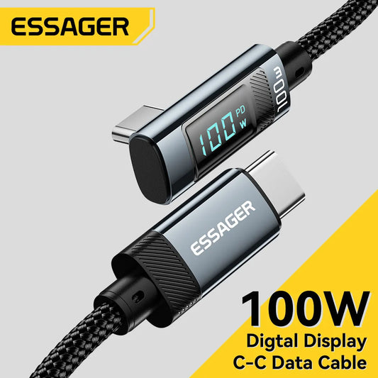 Cable USB C a tipo C Essager PD100W, cable de carga rápida con codo de 90 grados y pantalla para iPhone 15, Huawei, Samsung y MacBook Pro.