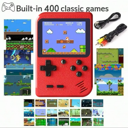 Una pequeña consola de juegos portátil para niños con juegos clásicos retro rojos con cientos de juegos que se pueden cargar y se pueden conectar al televisor.