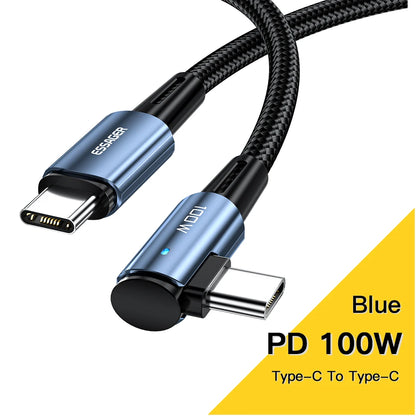 Cable USB tipo C a USB tipo C Essager de 100 W con ángulo de 90 grados para iPad, MacBook Pro, Xiaomi, Samsung y Huawei, carga rápida tipo C.