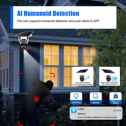 Cámara solar con tarjeta SIM 4G, lente dual de 12 MP, resistente al agua, para exteriores, CCTV, protección de seguridad V380 Pro, batería integrada.